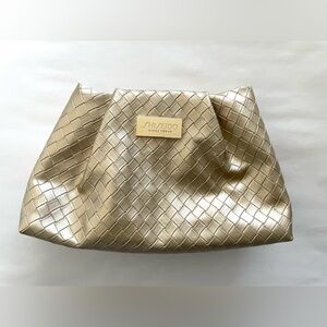 Shiseido gold embossed woven cosmetic clutch pouch bag NWOT